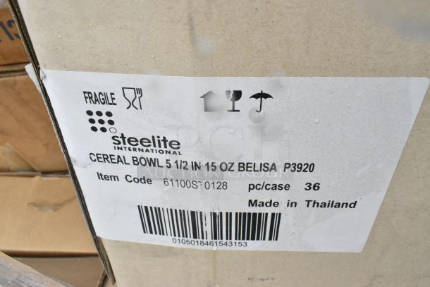 Cardboard box label showing "Steelite International Cereal Bowl, 5 1/2 in, 15 oz, Belisa P3920, 36 pcs/case, Made in Thailand."