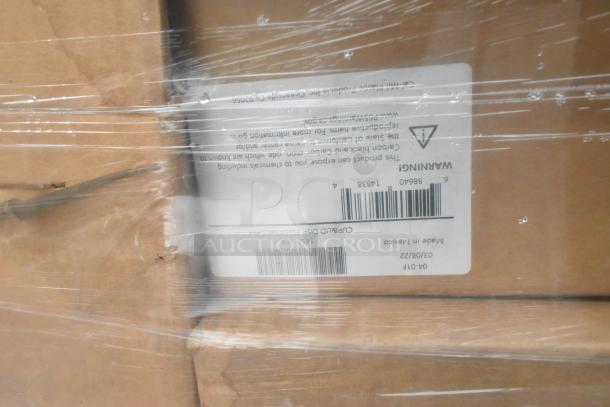27 sealed boxes, possibly containing scratch and dent plates and bowls. Visible label shows a warning notice and barcode.