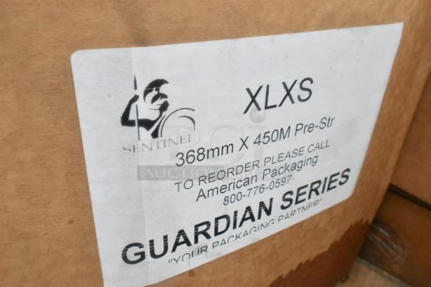 Sentinel packaging box with "XLXS 368mm X 450M Pre-Str" label, Guardian Series, for scratch and dent plates, bowls.