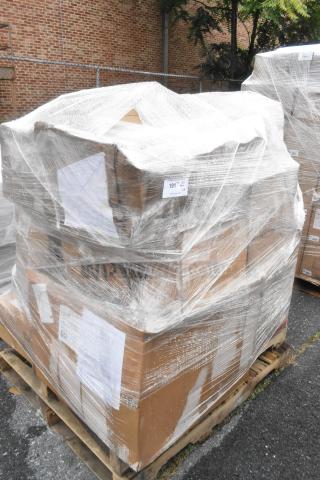 Pallet with 18 new scratch and dent boxes wrapped in plastic, includes heat lamp and dispenser, labeled as lot 191.