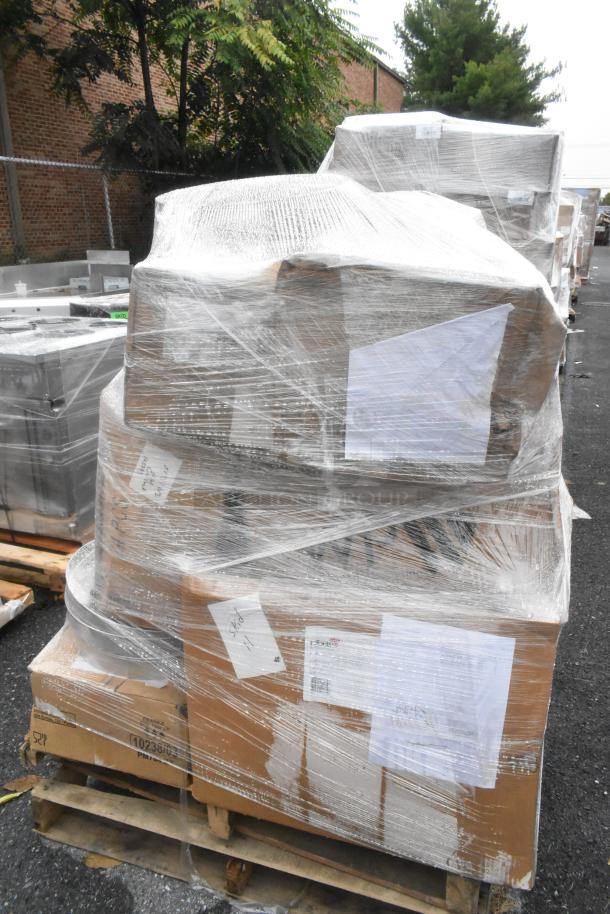 Pallet with 18 new boxes, shrink-wrapped, including heat lamp and dispenser. Visible labels show inventory details.