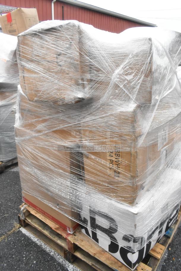 18 brand new scratch and dent boxes on a pallet, shrink-wrapped. Boxes include heat lamp, dispenser.