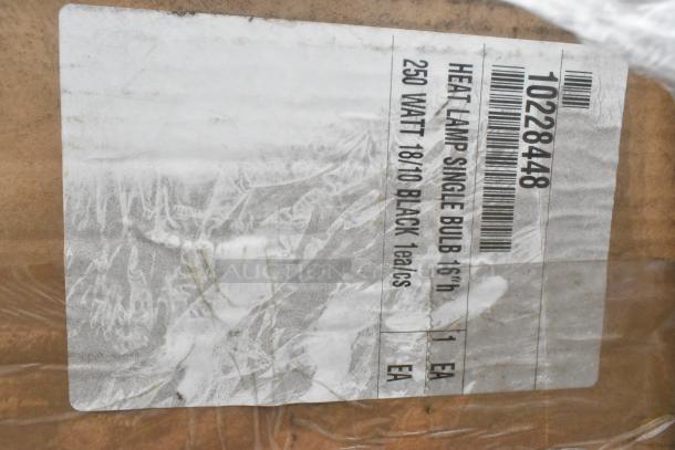 Label on a box for a heat lamp, single bulb, 16-inch, 250 watt, black. Includes barcode and item code "10228448."