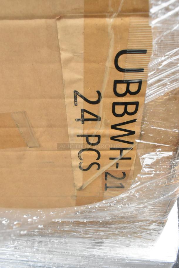 Brown cardboard box marked "UBBWH-21 24 PCS" wrapped in protective plastic. Scratch and dent item.