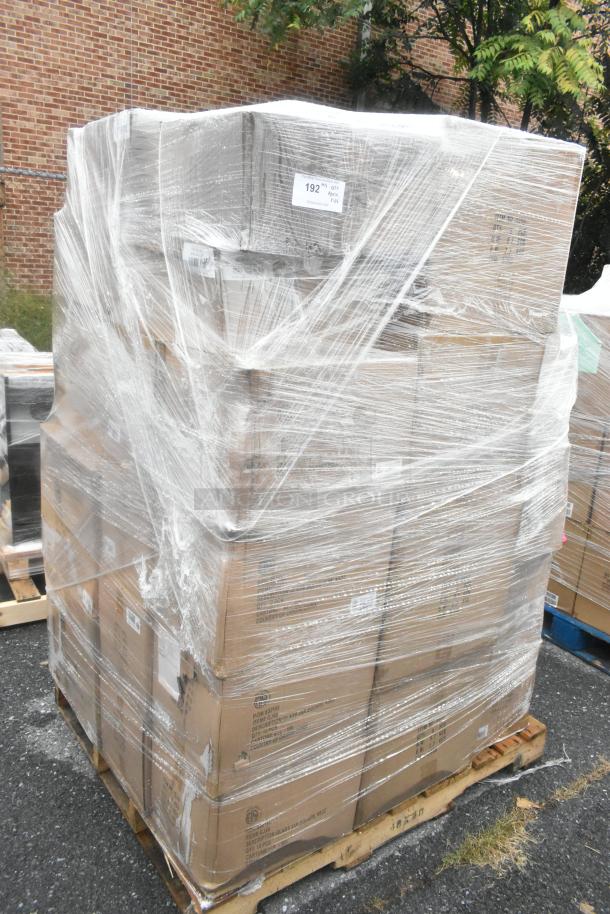 Pallet of 44 scratch and dent boxes wrapped in plastic, including Twilight Riser, labeled with shipping info.