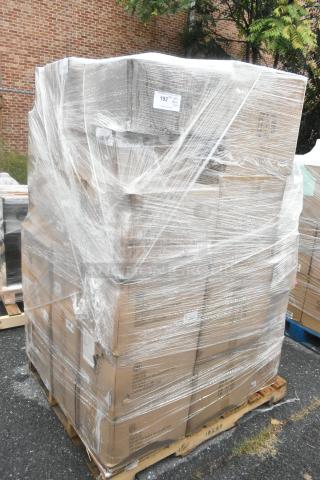 Pallet of 44 scratch and dent boxes wrapped in plastic, including Twilight Riser, labeled with shipping info.