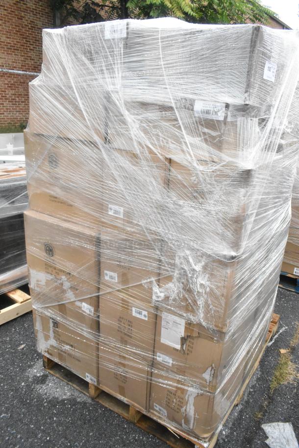 Pallet of 44 scratch and dent boxes including Twilight Riser, wrapped in plastic. Various labels visible.