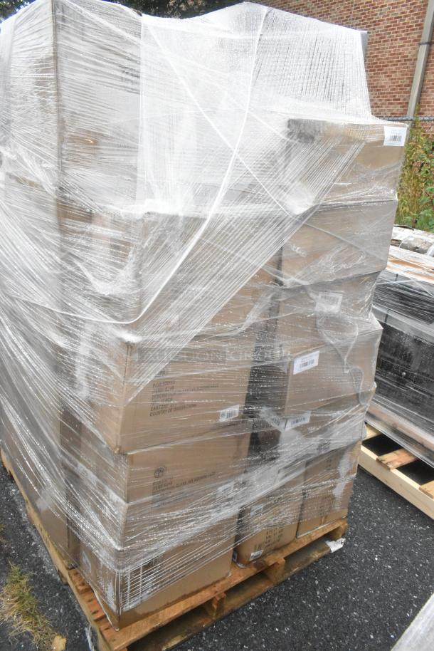 Pallet of 44 boxes wrapped in plastic, labeled "Twilight Riser" and "Premium Glass and Sunrise." Mix of scratch and dent conditions.
