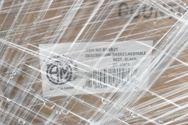 Label on wrapped box showing item number BXRBP20, description: Basket, Nestable, Rectangular, Black, 20-3/8" L.