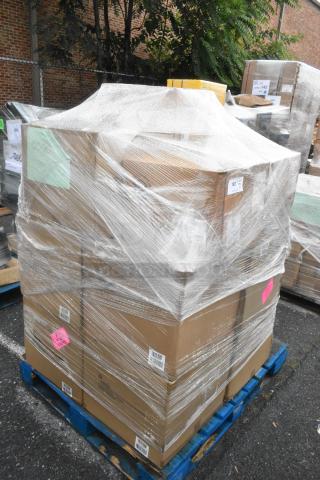 Shrink-wrapped pallet with 12 brand new scratch and dent boxes containing risers and bowls. Labeled for auction.