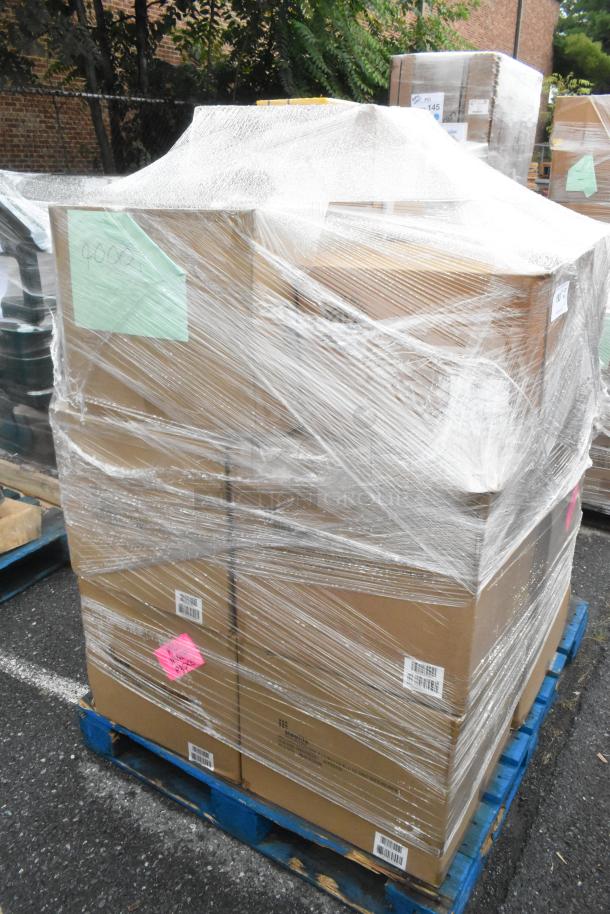 Pallet with 12 brand new scratch and dent boxes wrapped in plastic. Visible labels indicate contents include a riser and bowls.