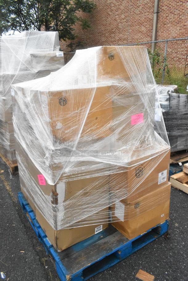 12 brand new boxes of risers and bowls on a pallet, wrapped in plastic. Visible labels indicate minor scratches and dents.