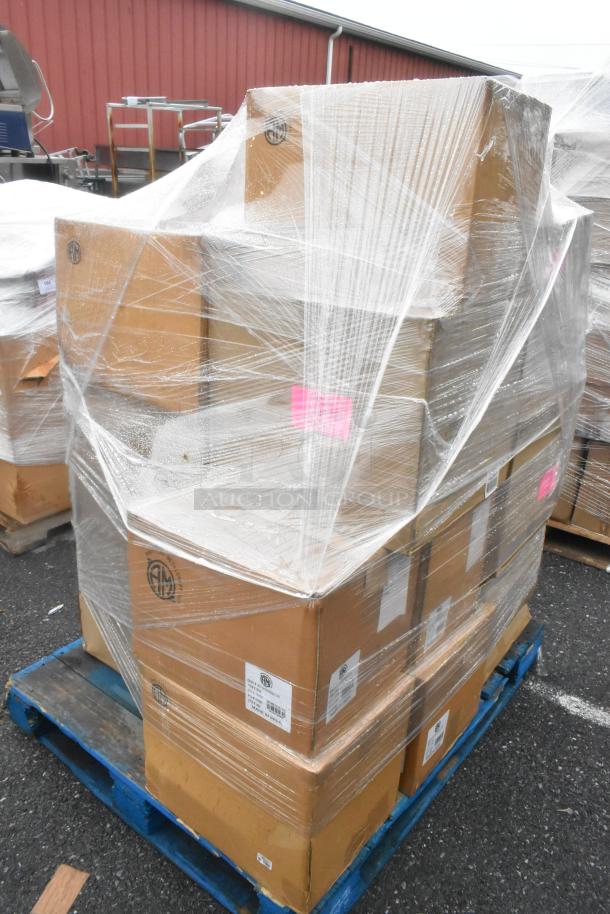 12 new boxes labeled "Scratch and Dent," stacked on a pallet, wrapped in plastic, containing risers and bowls.