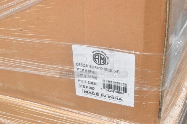 Brown box with label: "American Metalcraft Inc. Multi Function Riser, Black, 12-1/8". Item #BR126, 12 pcs, Made in India."