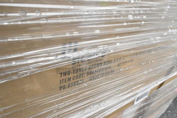 12 new scratch-and-dent boxes wrapped in plastic, containing riser and bowls. Visible label: Two-Toned Brown Bowl, 48 pcs.