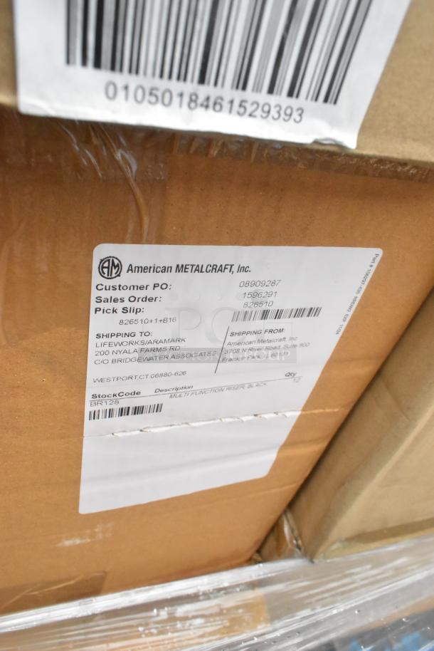 Box with label showing American Metalcraft, Inc. Contents: Multifunction Riser Black, Qty 12. New condition.