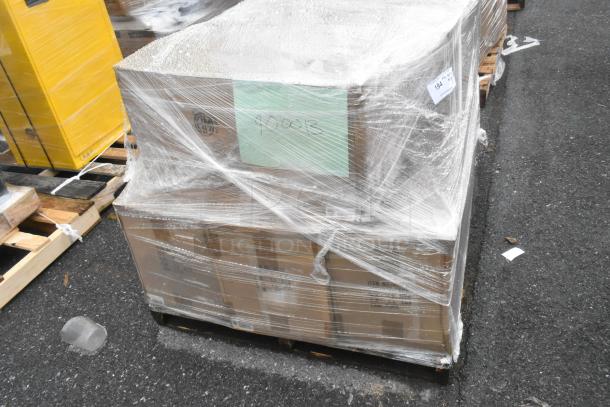Pallet with 13 brand new scratch and dent boxes, including risers and baskets, wrapped in plastic with visible item labels.