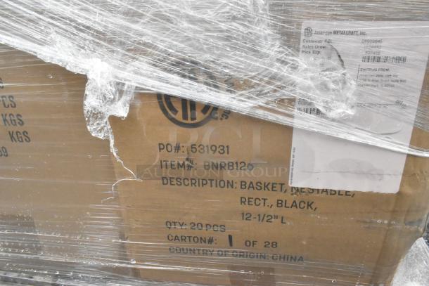 13 brand new scratch and dent boxes, including risers and baskets. Box marked "Basket, Nestable, Rect, Black, 12-1/2" L."