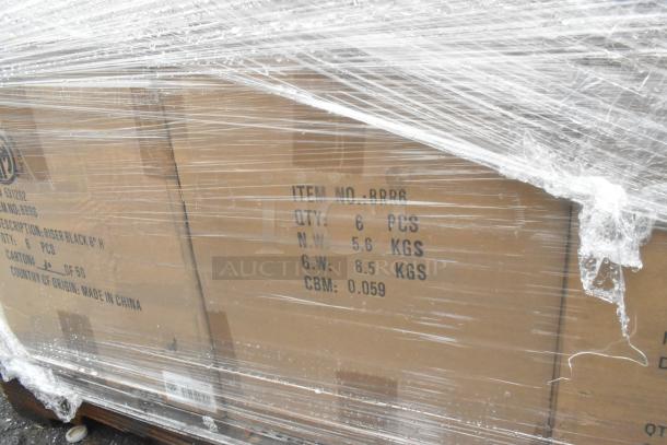 13 brand new boxes with risers and baskets, labeled as "Riser Black 6'H." QTY: 6 PCS. N.W.: 5.6 KG. Made in China. Wrapped in plastic.