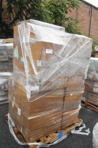 Pallet of 15 new scratch and dent boxes, shrink-wrapped, including condiment displays. Label visible, marked "195 RTS KCBS."