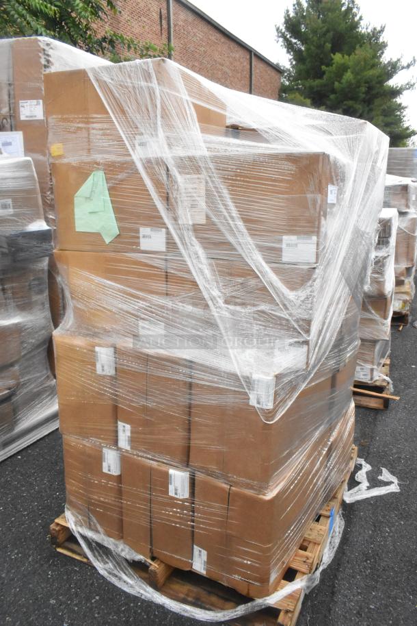 15 cardboard boxes labeled "scratch and dent," wrapped on pallets. Includes new condiment displays.