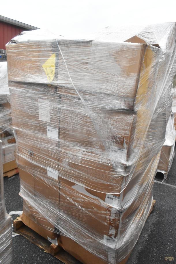 15 brand new scratch and dent boxes on a pallet, wrapped in plastic, including condiment displays, ready for auction.