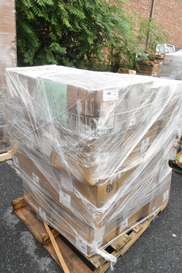 Pallet with 33 scratch and dent boxes wrapped in plastic, containing market trays and glass jars. Cardboard boxes labeled "196."