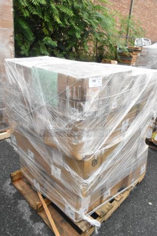 Pallet with 33 scratch and dent boxes wrapped in plastic, containing market trays and glass jars. Cardboard boxes labeled "196."