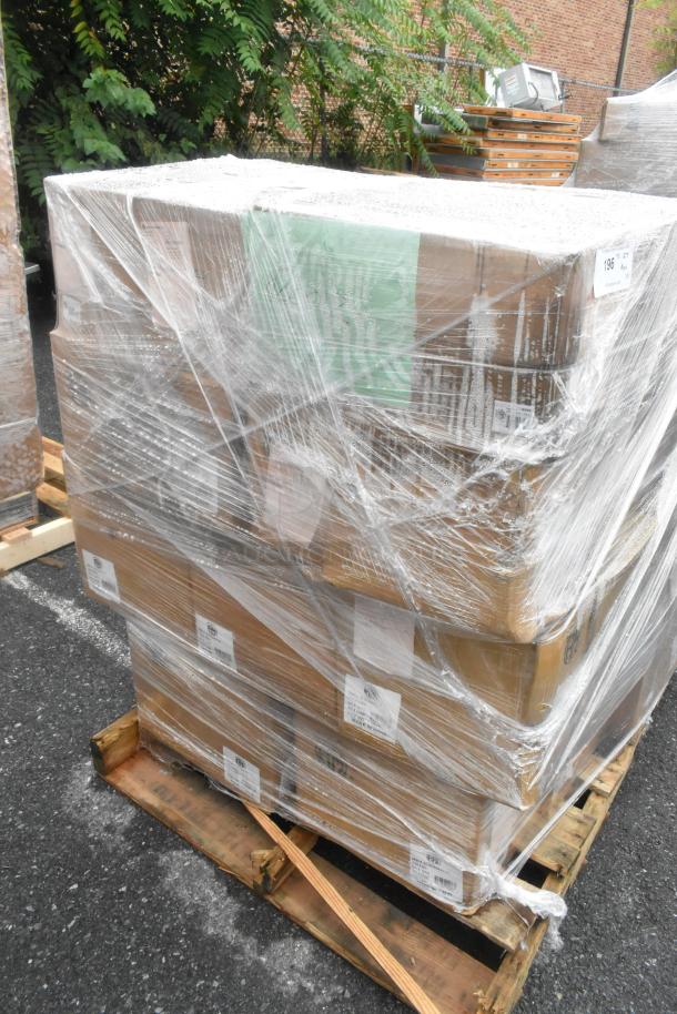 Pallet of 33 brand new scratch and dent boxes, includes market trays and glass jars, wrapped in plastic, on wooden base.