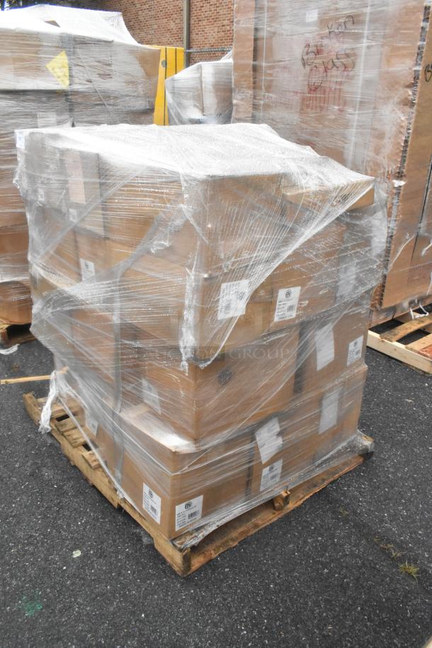 Pallet of 33 shrink-wrapped boxes labeled "Brand New Scratch and Dent," including market trays and glass jars.