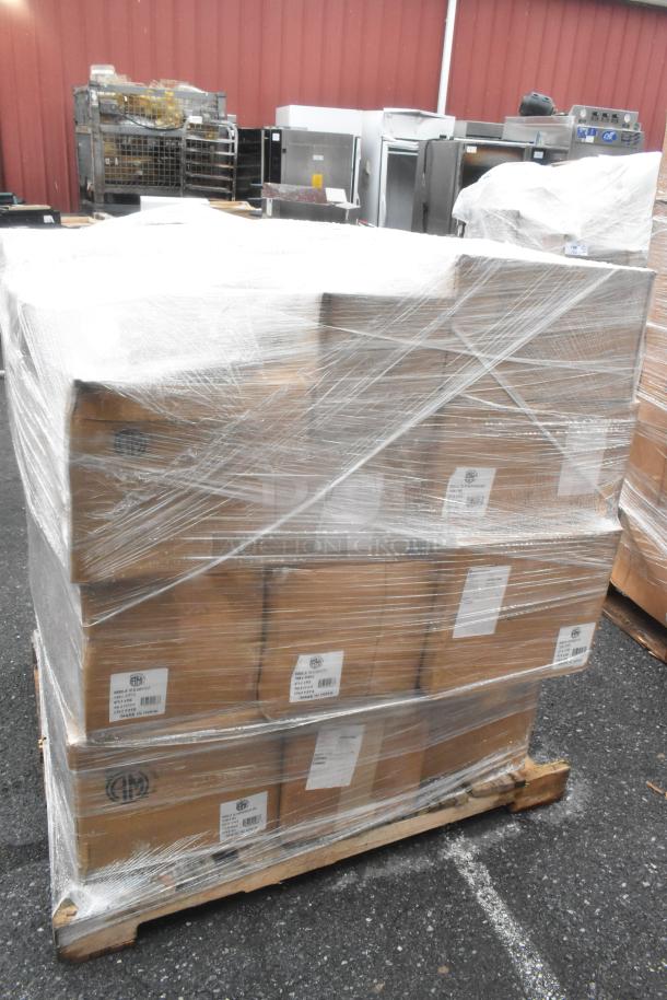 Pallet of 33 new boxes with market trays and glass jars, shrink-wrapped and labeled, indicating scratch and dent condition.