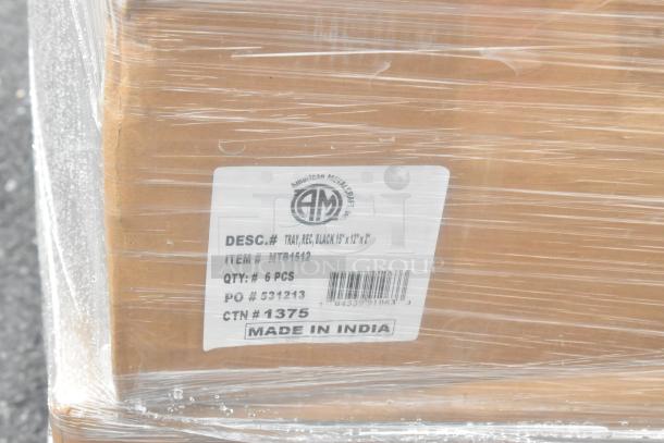 Cardboard box with label indicating black rectangular trays, 15"x12"x2", item #MTB4512, quantity 6 pcs, made in India.