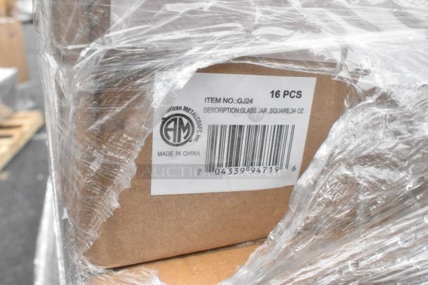 Cardboard box wrapped in plastic, labeled "16 PCS, Item No. GJ24, Glass Jar, Square, 24 oz" by American Metalcraft. Made in China.