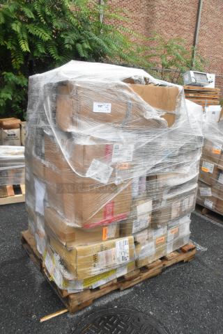 Pallet of 52 brand new scratch and dent boxes, including plates, bowls, and dispensers, shrink-wrapped for auction.