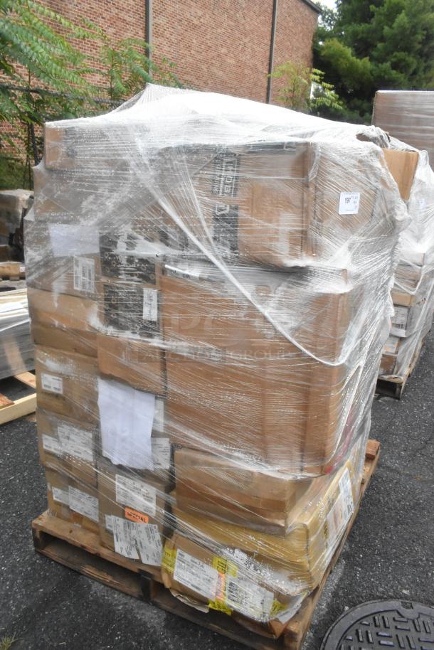 Pallet of 52 boxes, brand new scratch and dent. Includes plates, bowls, dispensers. Boxes wrapped in plastic, labels visible.
