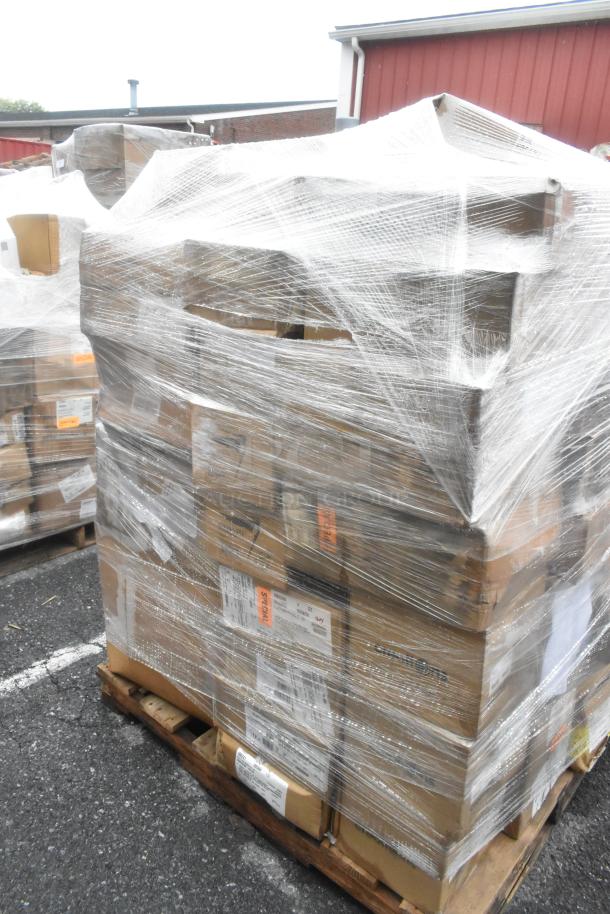 Stacked pallets of 52 brand new scratch and dent boxes wrapped in plastic, containing plates, bowls, and dispensers.