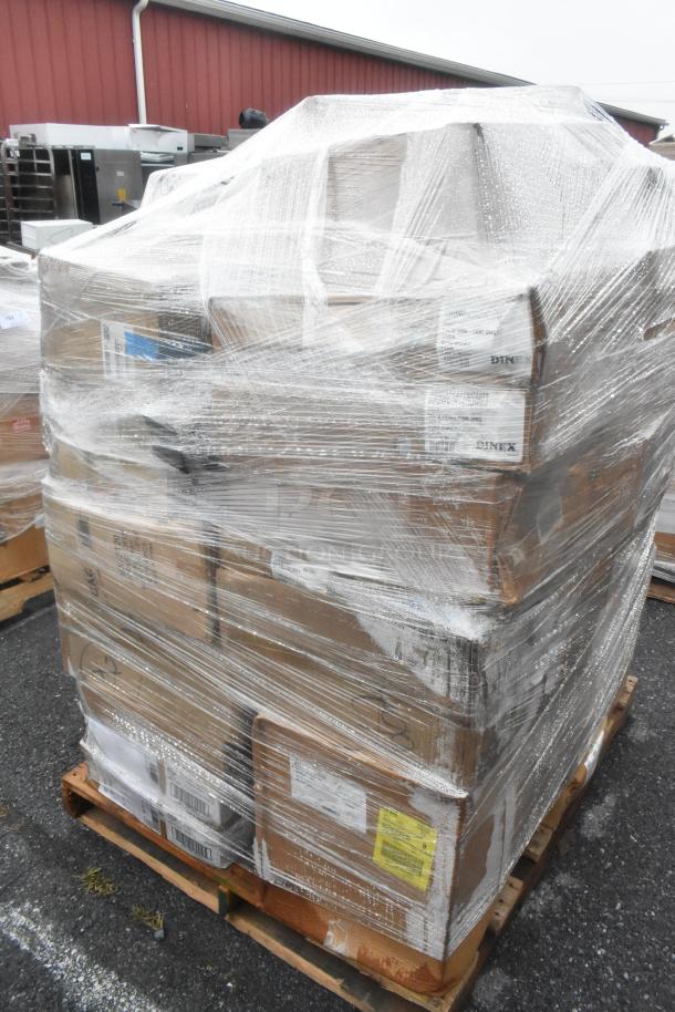 Pallet of 52 brand new scratch and dent boxes, wrapped, containing plates, bowls, and dispensers. Labels showing "Dinex."