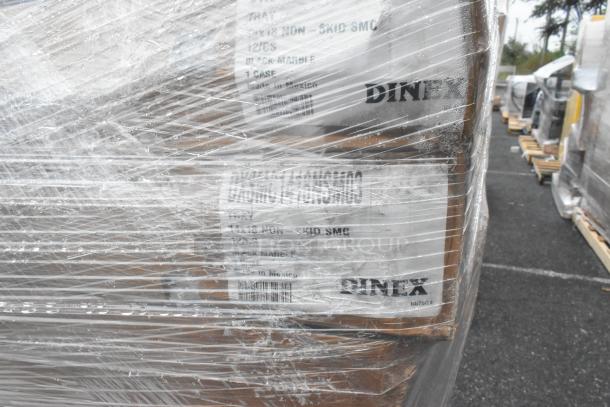 Pallet of 52 boxed Dinex items wrapped in plastic, includes plates, bowls, and dispensers. Labels indicate "Made in Mexico".