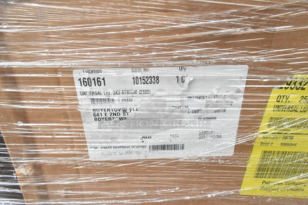 52 new scratch and dent boxes with plates, bowls, dispenser. Labels indicate item no. 10152338, qty 1, location 160161. Wrapped in plastic.