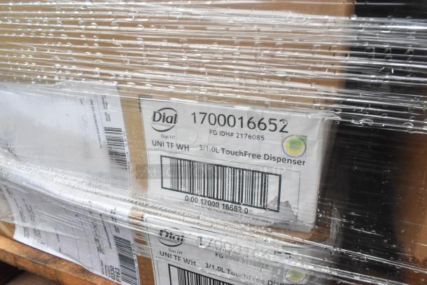 52 boxes of plates, bowls, and Dial 3.1L TouchFree Dispensers wrapped in plastic, labeled "Scratch and Dent."