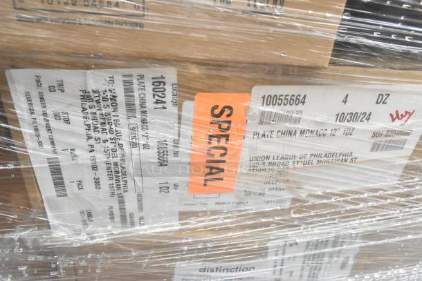52 brand new scratch and dent boxes, including plates, bowls, dispenser. Labeled "Special." Model 160241, Plate China Monaco.
