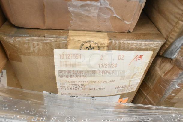 Cardboard box with label reading "Gothic Blanc Rim Soup Bowl 9", Homer Laughlin China, 52 new scratch and dent items.
