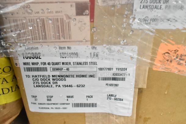 Boxes labeled "Wire Whip for 40 Quart Mixer," stainless steel, item No. 1581689, from Singer Equipment Co., Elverson, PA.