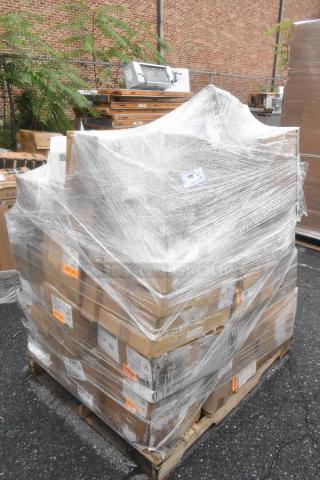 Pallet of 37 brand new scratch and dent boxes including Easy Chopper, steak knives, bowls; wrapped in plastic with labels.