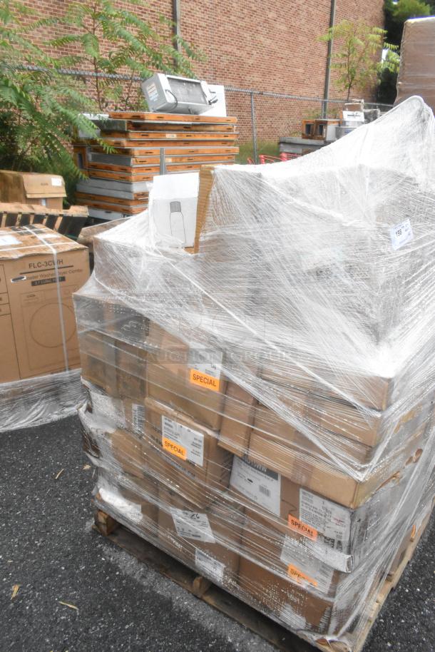 Pallet of 37 new scratch and dent boxes including Easy Chopper, steak knives, bowls; labeled "Special."