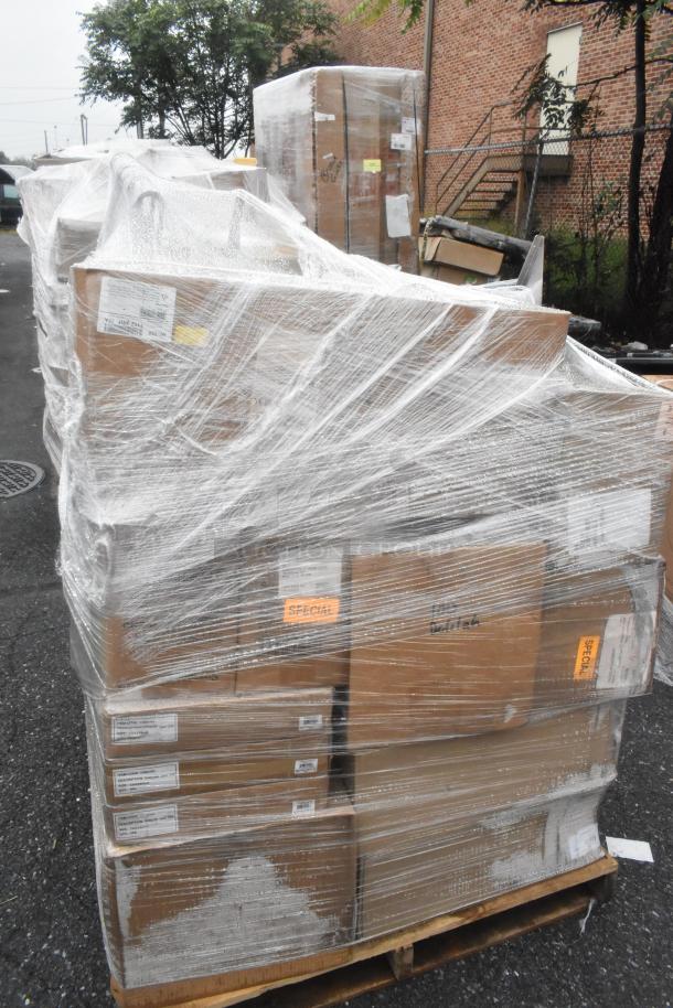 Shrink-wrapped pallet of 37 brand new scratch and dent boxes, including Easy Chopper, steak knives, bowls. Labels indicate "Special".
