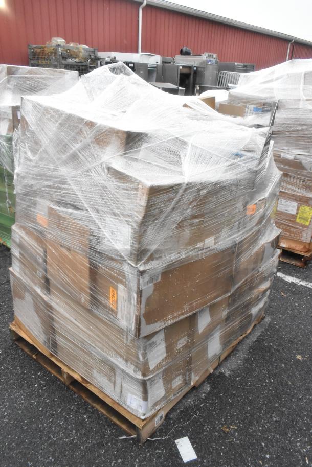 Pallet of 37 brand new scratch and dent boxes, wrapped in plastic, includes Easy Chopper, steak knives, and bowls.