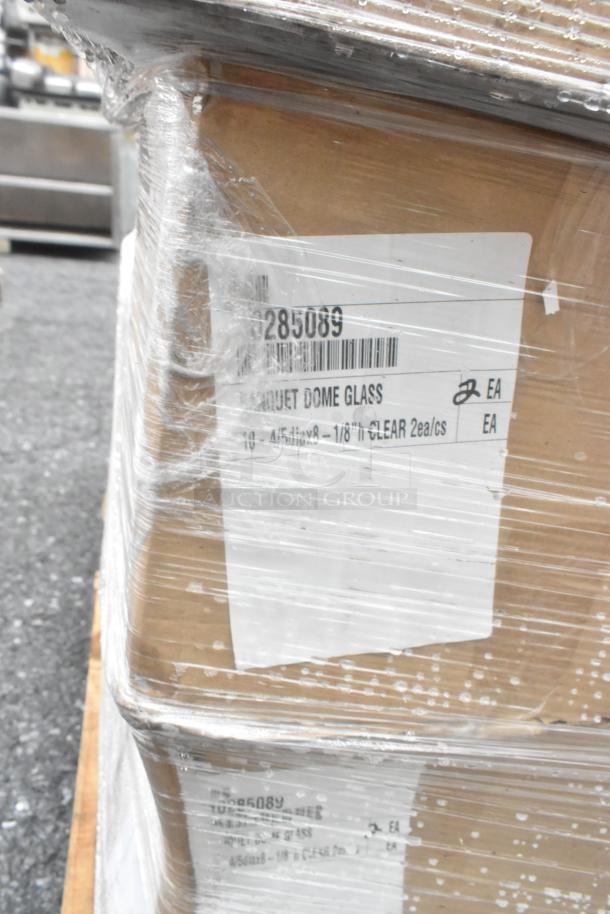 Sealed pallet of 37 brand new scratch-and-dent boxes, including Easy Chopper, steak knives, and bowls. Label reads "Bouquet Dome Glass."