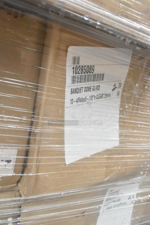 Pallet of 37 new scratch-and-dent boxes; visible label reads "Banquet Dome Glass" with item code 10285089.