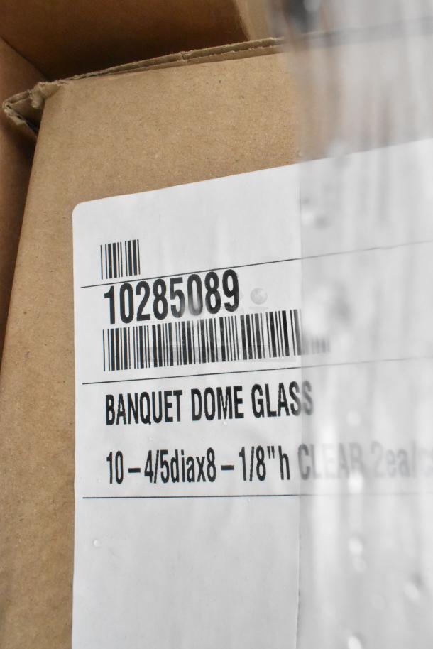 Cardboard box with label reading "BANQUET DOME GLASS" and size details. Includes barcode number 10285089.